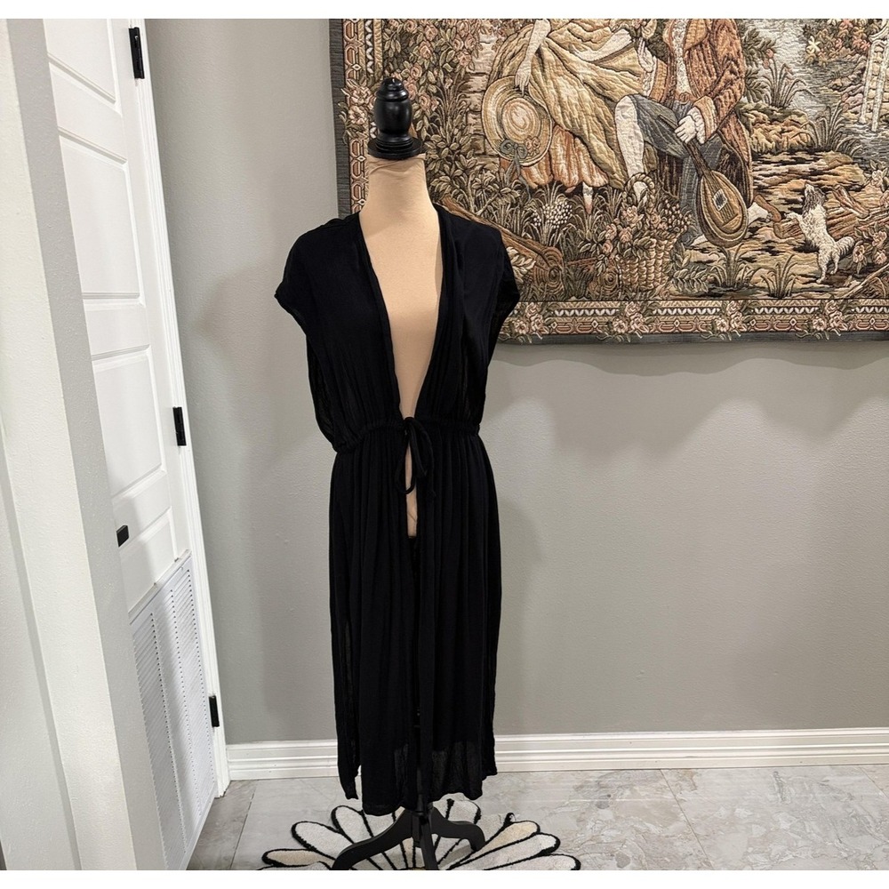 Kona Sol Swim Cover Up Womens Large Black Sheer Maxi‎ Short Sleeve Tie Waist